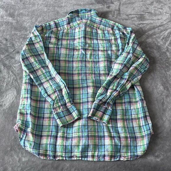 Lilly Pulitzer Wyeth Linen Long Sleeve Flannel Style Button Up Plaid Pink Blue - Picture 4 of 6